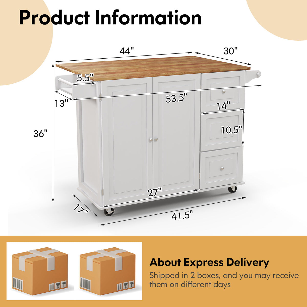 Giantex Kitchen Island Cart, Large Trolley Cart w/ Drop-Leaf Tabletop, Large Cabinet, 3 Drawers, Spice Rack, Towel Rack, Rolling Serving Trolley Cabinet