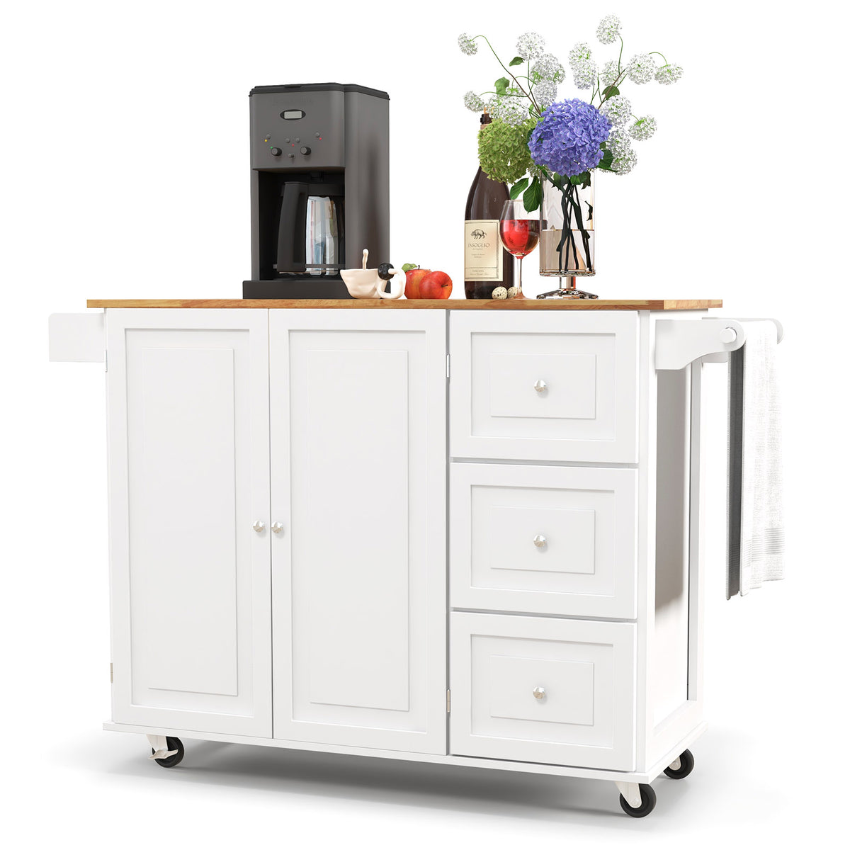Giantex Kitchen Island Cart, Large Trolley Cart w/ Drop-Leaf Tabletop, Large Cabinet, 3 Drawers, Spice Rack, Towel Rack, Rolling Serving Trolley Cabinet