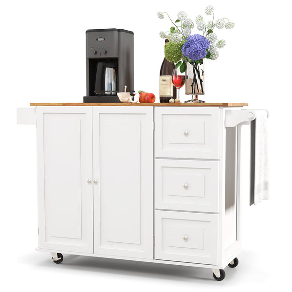 Giantex Kitchen Island Cart, Large Trolley Cart w/ Drop-Leaf Tabletop, Large Cabinet, 3 Drawers, Spice Rack, Towel Rack, Rolling Serving Trolley Cabinet