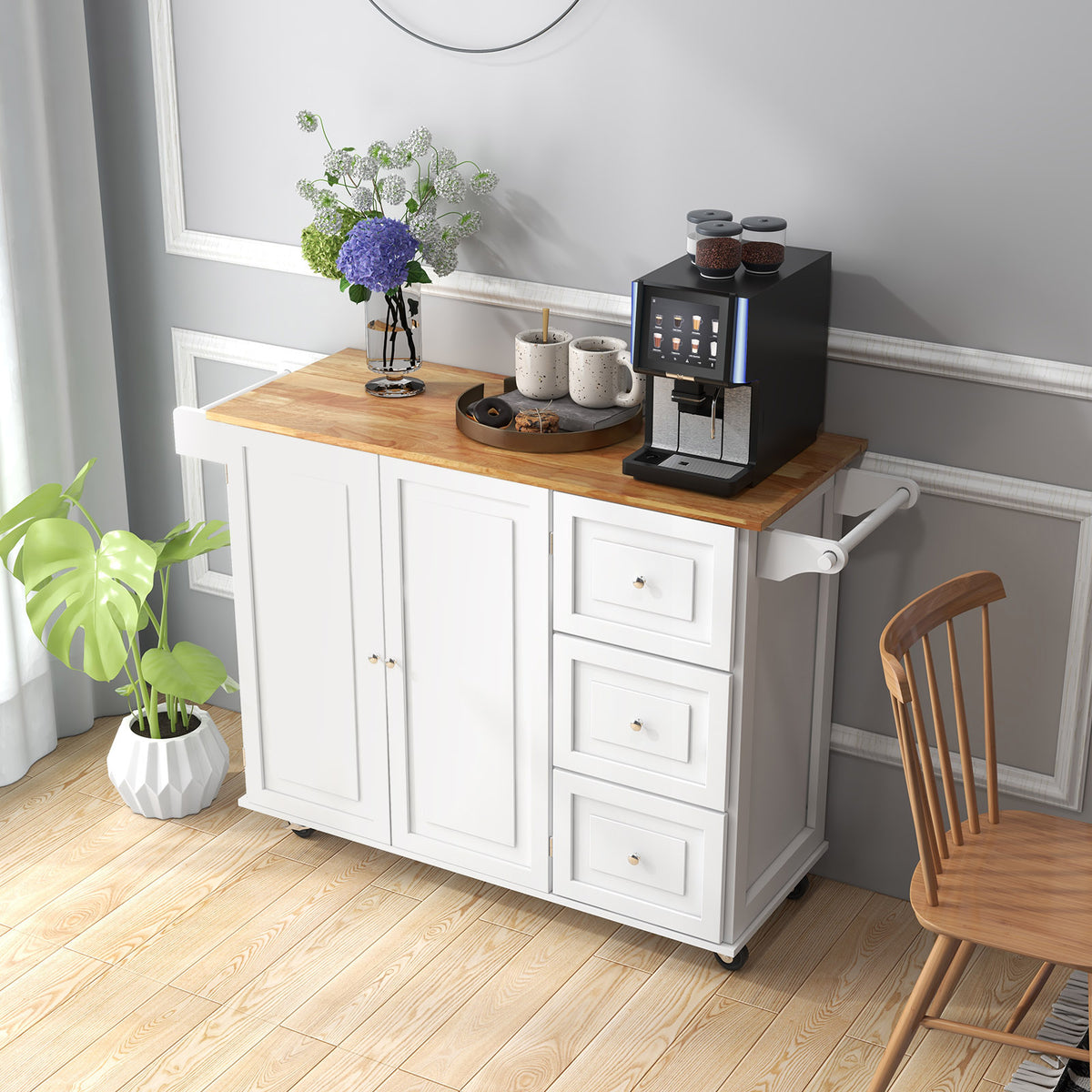 Giantex Kitchen Island Cart, Large Trolley Cart w/ Drop-Leaf Tabletop, Large Cabinet, 3 Drawers, Spice Rack, Towel Rack, Rolling Serving Trolley Cabinet