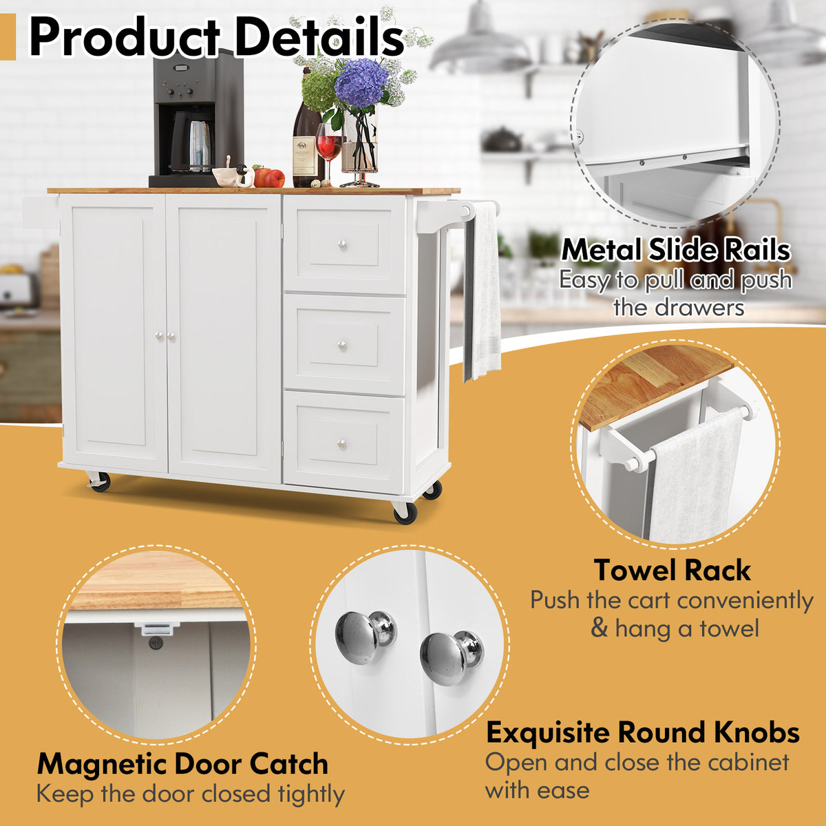 Giantex Kitchen Island Cart, Large Trolley Cart w/ Drop-Leaf Tabletop, Large Cabinet, 3 Drawers, Spice Rack, Towel Rack, Rolling Serving Trolley Cabinet