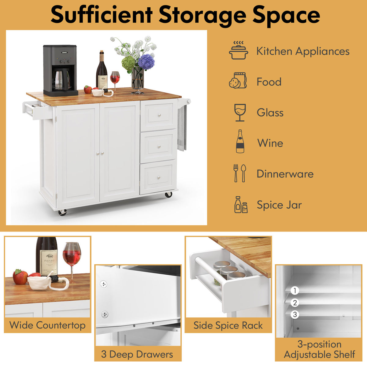 Giantex Kitchen Island Cart, Large Trolley Cart w/ Drop-Leaf Tabletop, Large Cabinet, 3 Drawers, Spice Rack, Towel Rack, Rolling Serving Trolley Cabinet