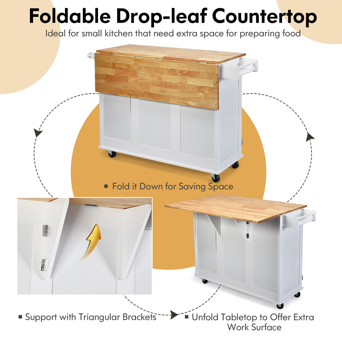 Giantex Kitchen Island Cart, Large Trolley Cart w/ Drop-Leaf Tabletop, Large Cabinet, 3 Drawers, Spice Rack, Towel Rack, Rolling Serving Trolley Cabinet