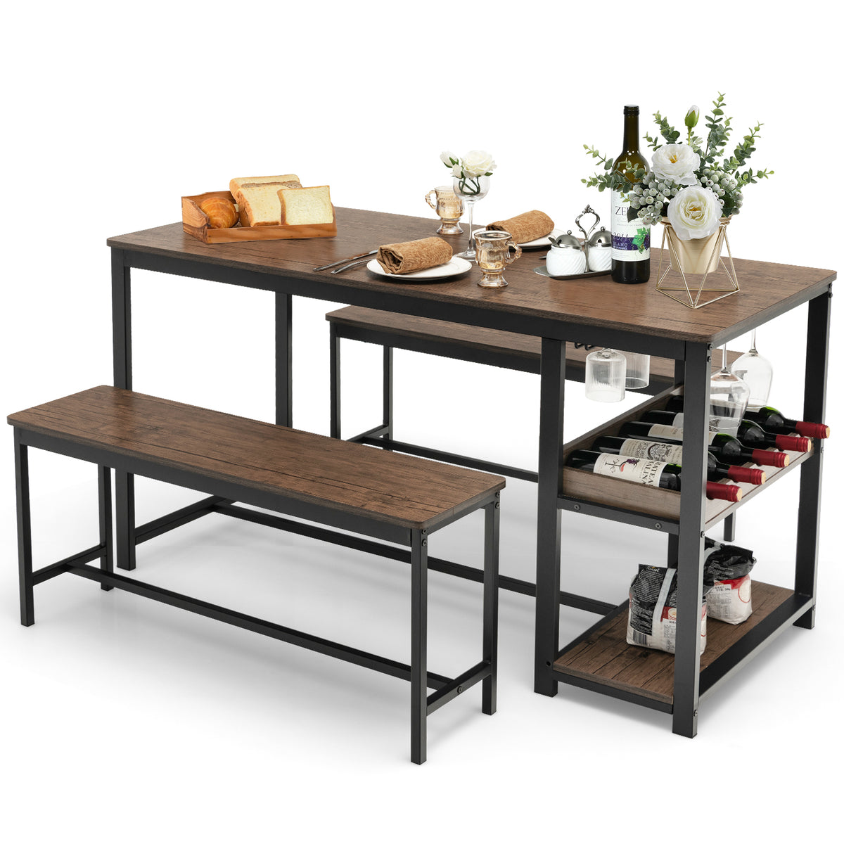Giantax 3 PCS Dining Table Set for 4, Dining Table & 2 Benches with Glass Holder