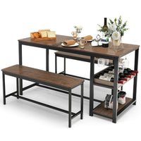 Giantax 3 PCS Dining Table Set for 4, Dining Table & 2 Benches with Glass Holder