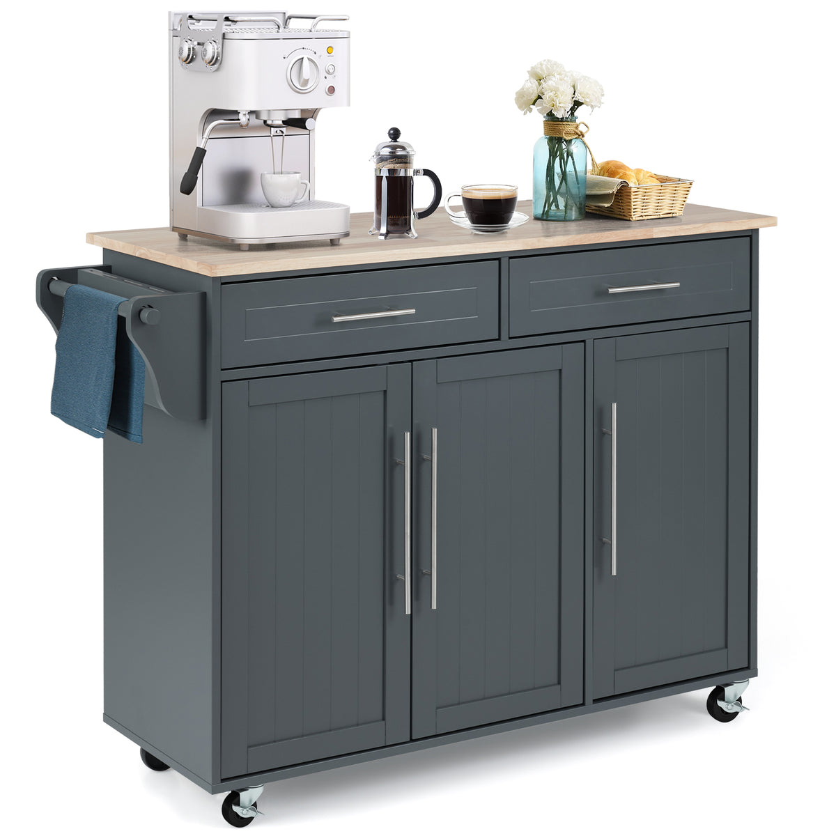 Giantex Mobile Kitchen Island Cart, Rolling Storage Trolley with Towel Bar, 2 Deep Drawers, 3 Door Cabinets
