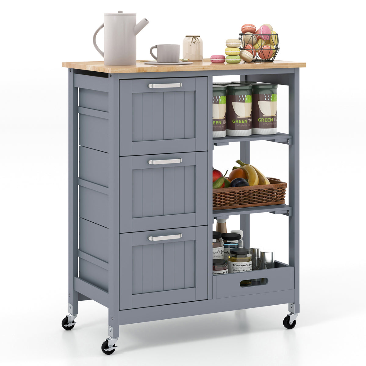 Giantex Kitchen Island on Wheel with Storage, Multi-purpose Rolling Cart w/ Rubber Wood Countertop, 3 Drawers