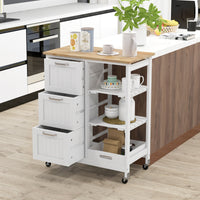 Giantex Kitchen Island on Wheel with Storage, Multi-purpose Rolling Cart w/ Rubber Wood Countertop, 3 Drawers