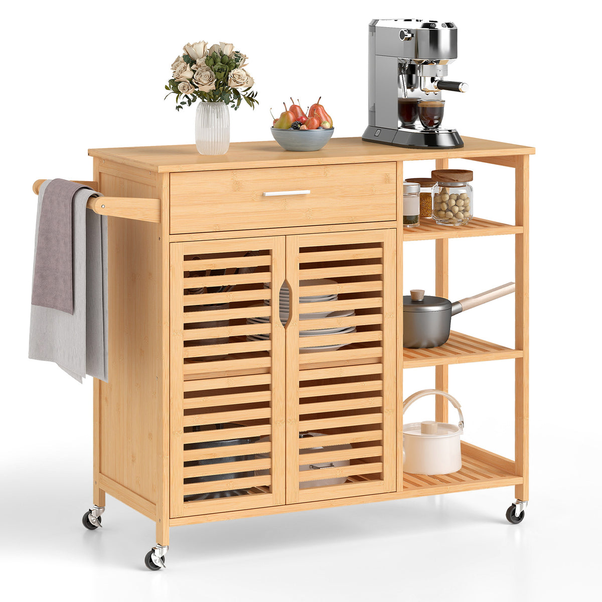 Kitchen Island Cart on Wheels, Portable Storage Cabinet w/Sturdy Bamboo Frame