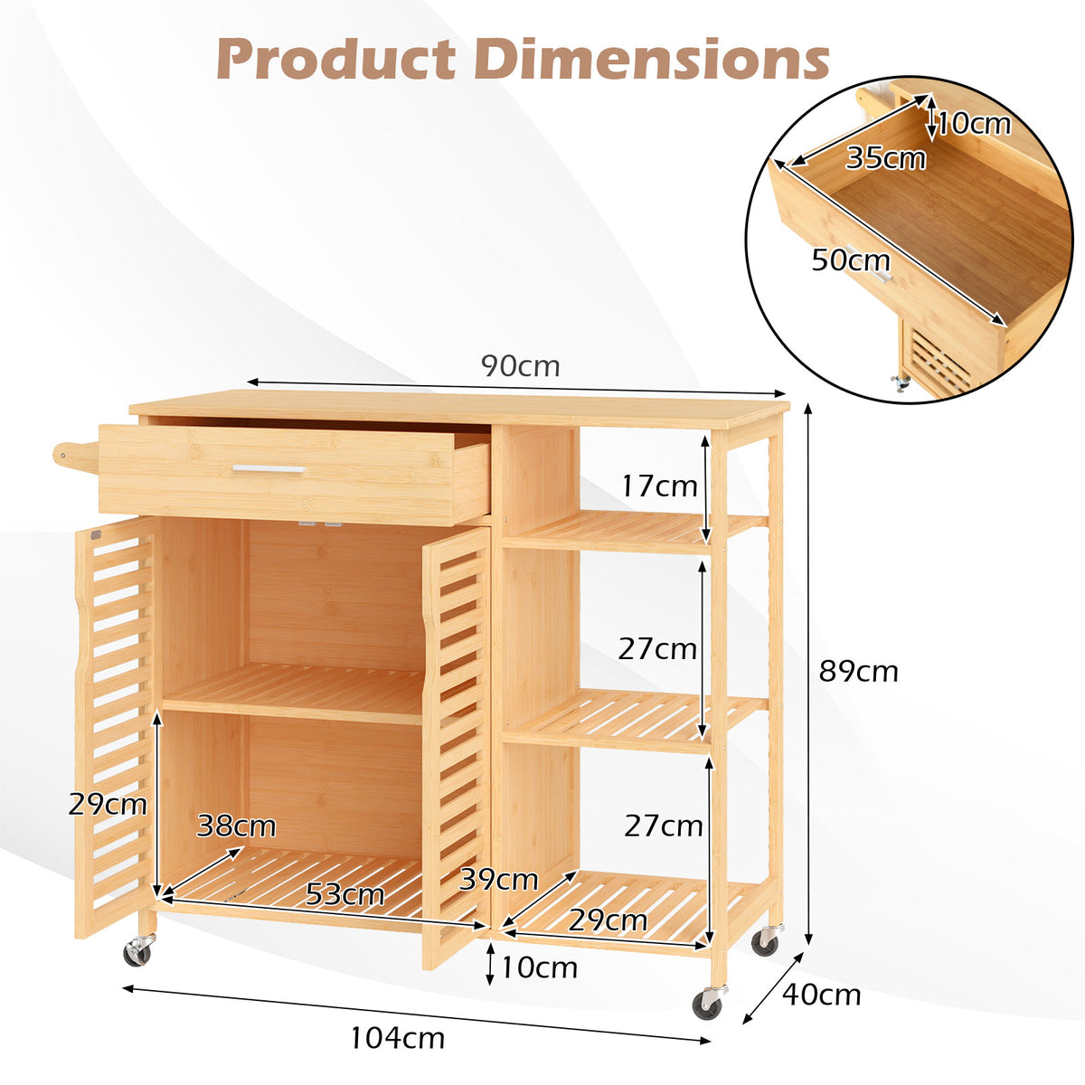 Kitchen Island Cart on Wheels, Portable Storage Cabinet w/Sturdy Bamboo Frame