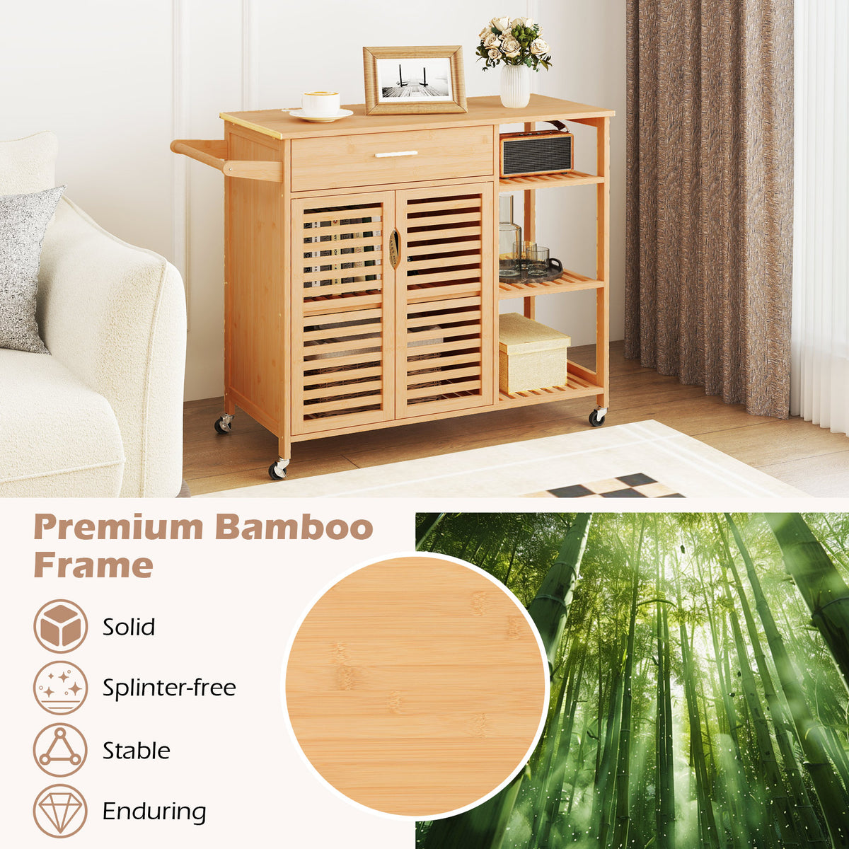 Kitchen Island Cart on Wheels, Portable Storage Cabinet w/Sturdy Bamboo Frame