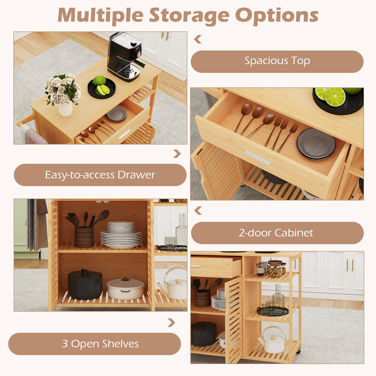 Kitchen Island Cart on Wheels, Portable Storage Cabinet w/Sturdy Bamboo Frame
