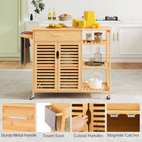 Kitchen Island Cart on Wheels, Portable Storage Cabinet w/Sturdy Bamboo Frame