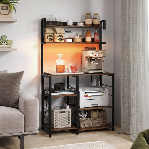 Kitchen Bakers Rack with Power Outlet, 5-Tier Microwave Oven Stand with LED Lights