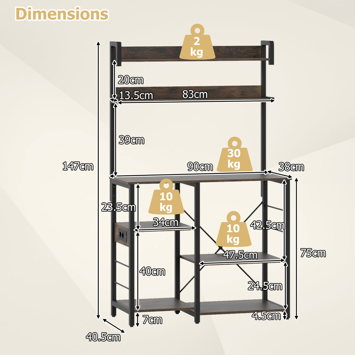 Kitchen Bakers Rack with Power Outlet, 5-Tier Microwave Oven Stand with LED Lights