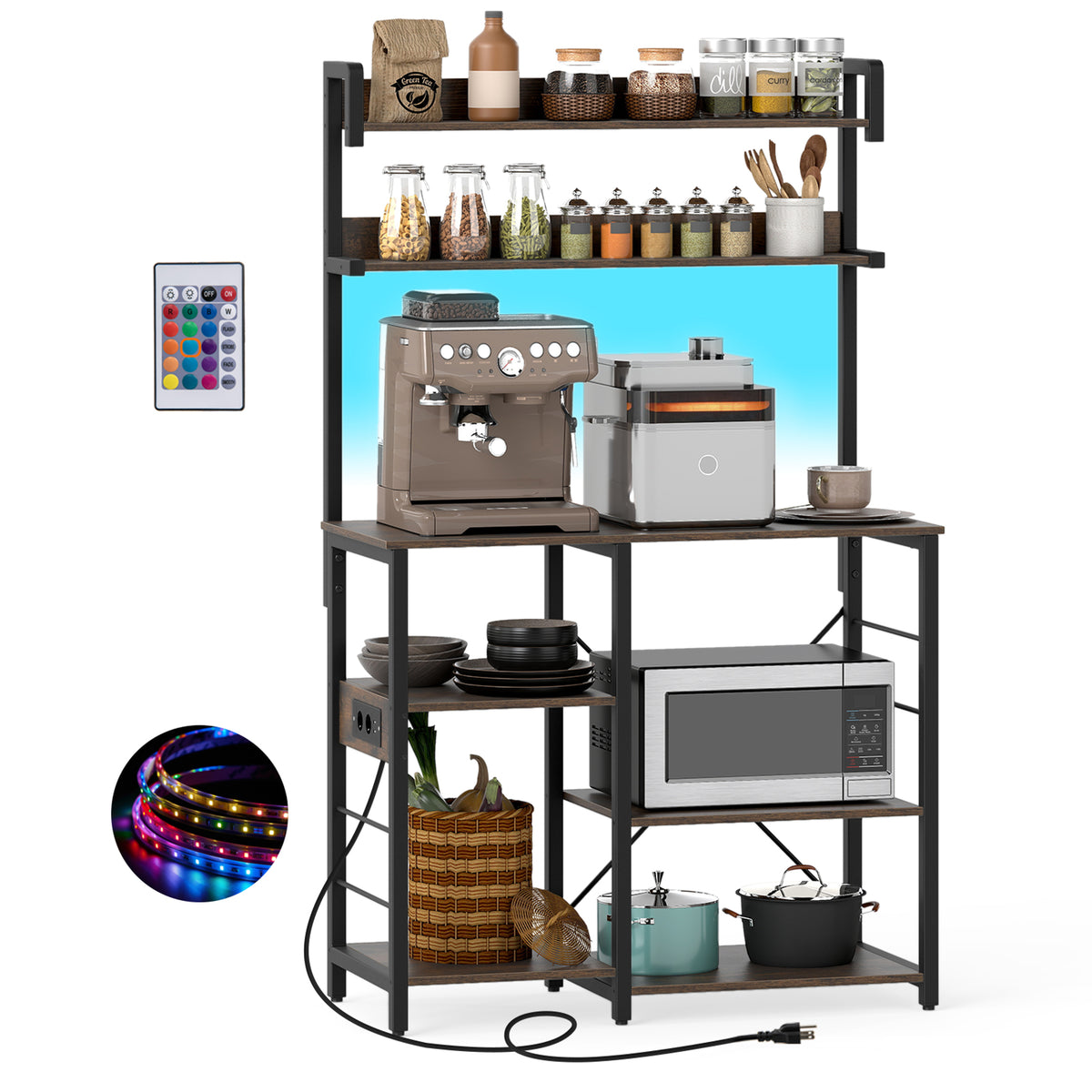 Kitchen Bakers Rack with Power Outlet, 5-Tier Microwave Oven Stand with LED Lights