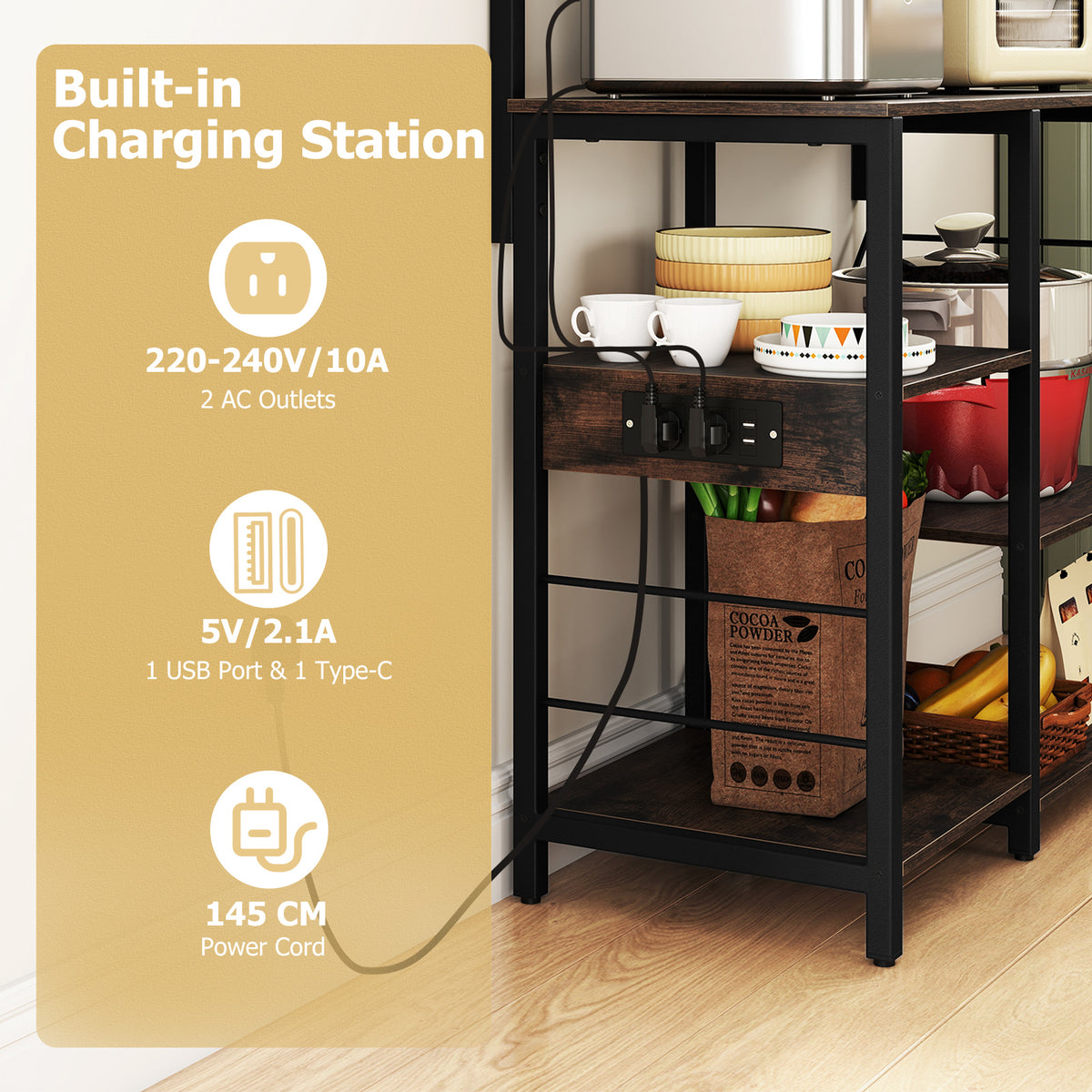 Kitchen Bakers Rack with Power Outlet, 5-Tier Microwave Oven Stand with LED Lights