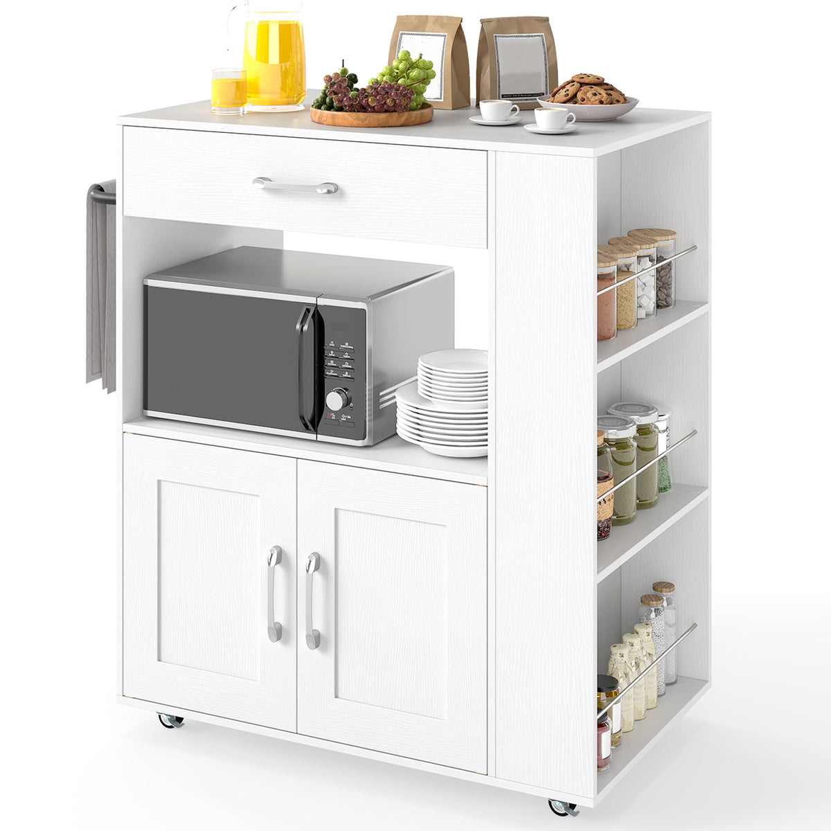 Giantex Kitchen Island Trolley, Rolling Kitchen Serving Trolley w/ 3 Spice Racks, Drawer, Open Shelf & Large Cabinet