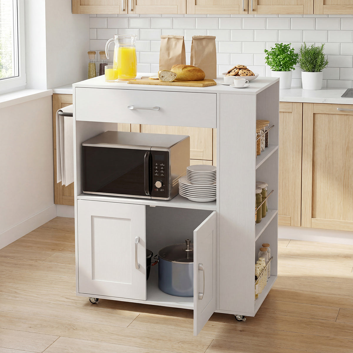 Giantex Kitchen Island Trolley, Rolling Kitchen Serving Trolley w/ 3 Spice Racks, Drawer, Open Shelf & Large Cabinet