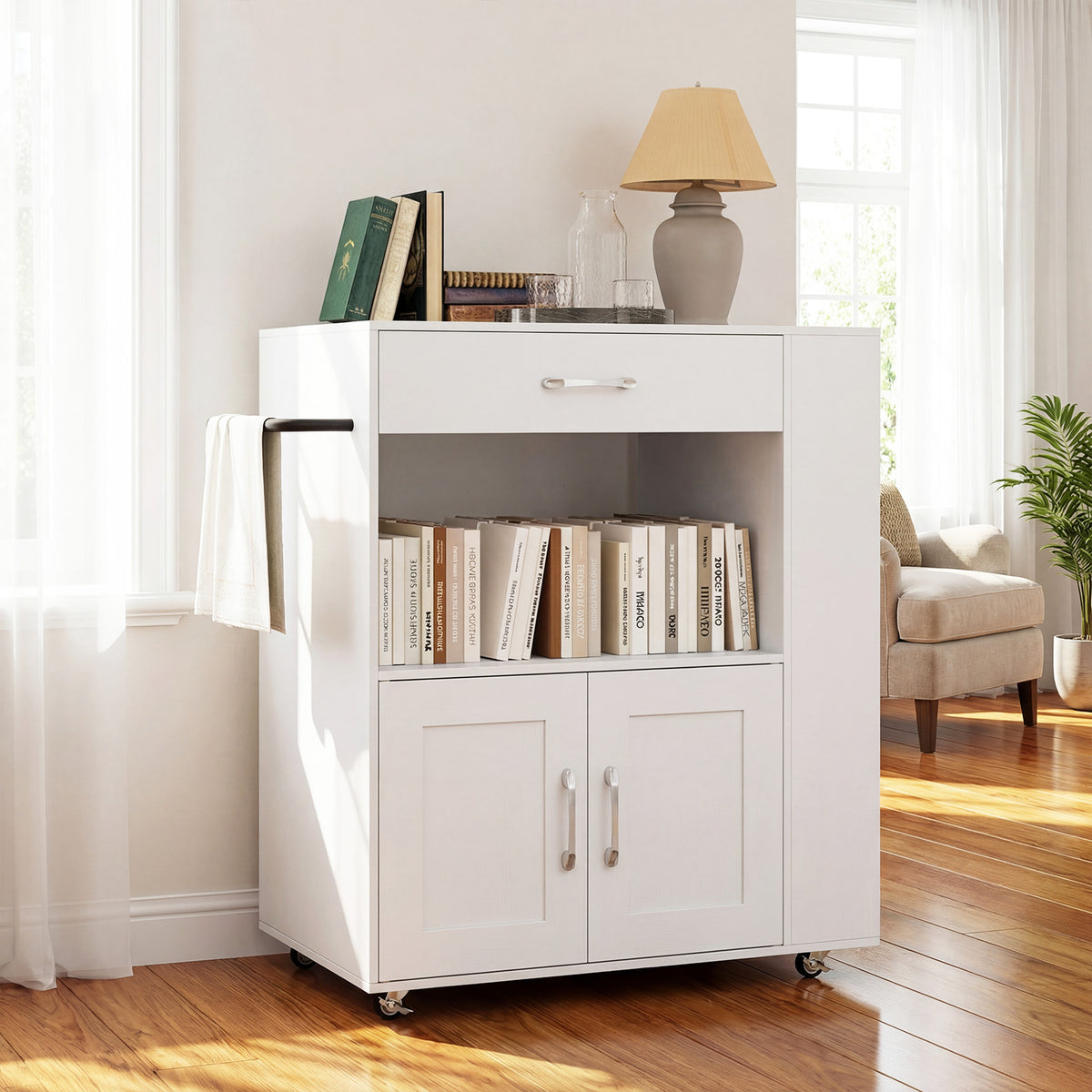 Giantex Kitchen Island Trolley, Rolling Kitchen Serving Trolley w/ 3 Spice Racks, Drawer, Open Shelf & Large Cabinet