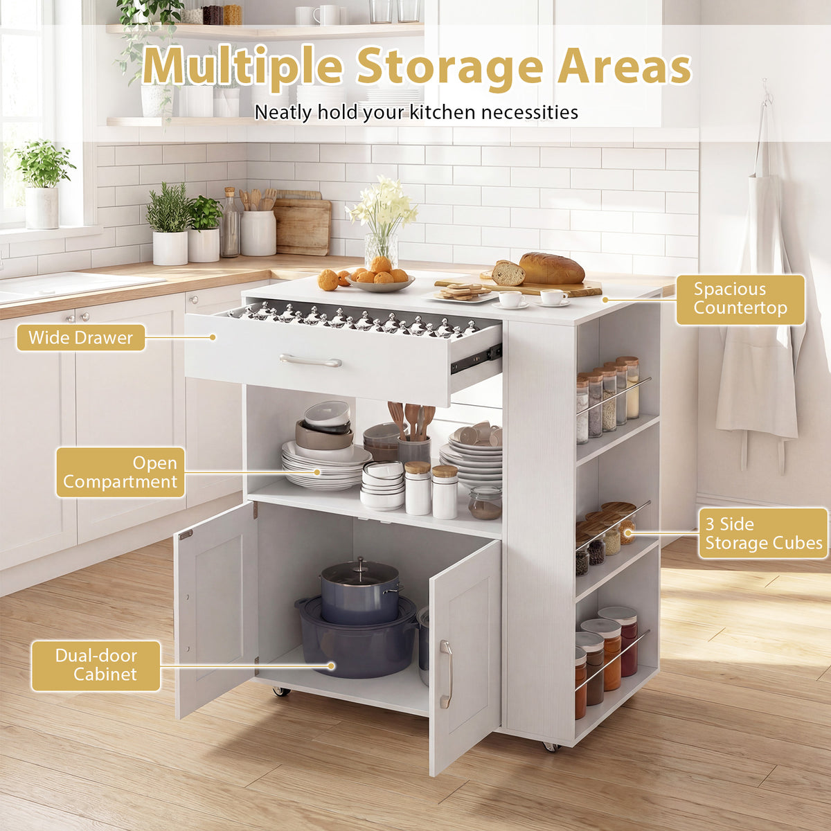 Giantex Kitchen Island Trolley, Rolling Kitchen Serving Trolley w/ 3 Spice Racks, Drawer, Open Shelf & Large Cabinet