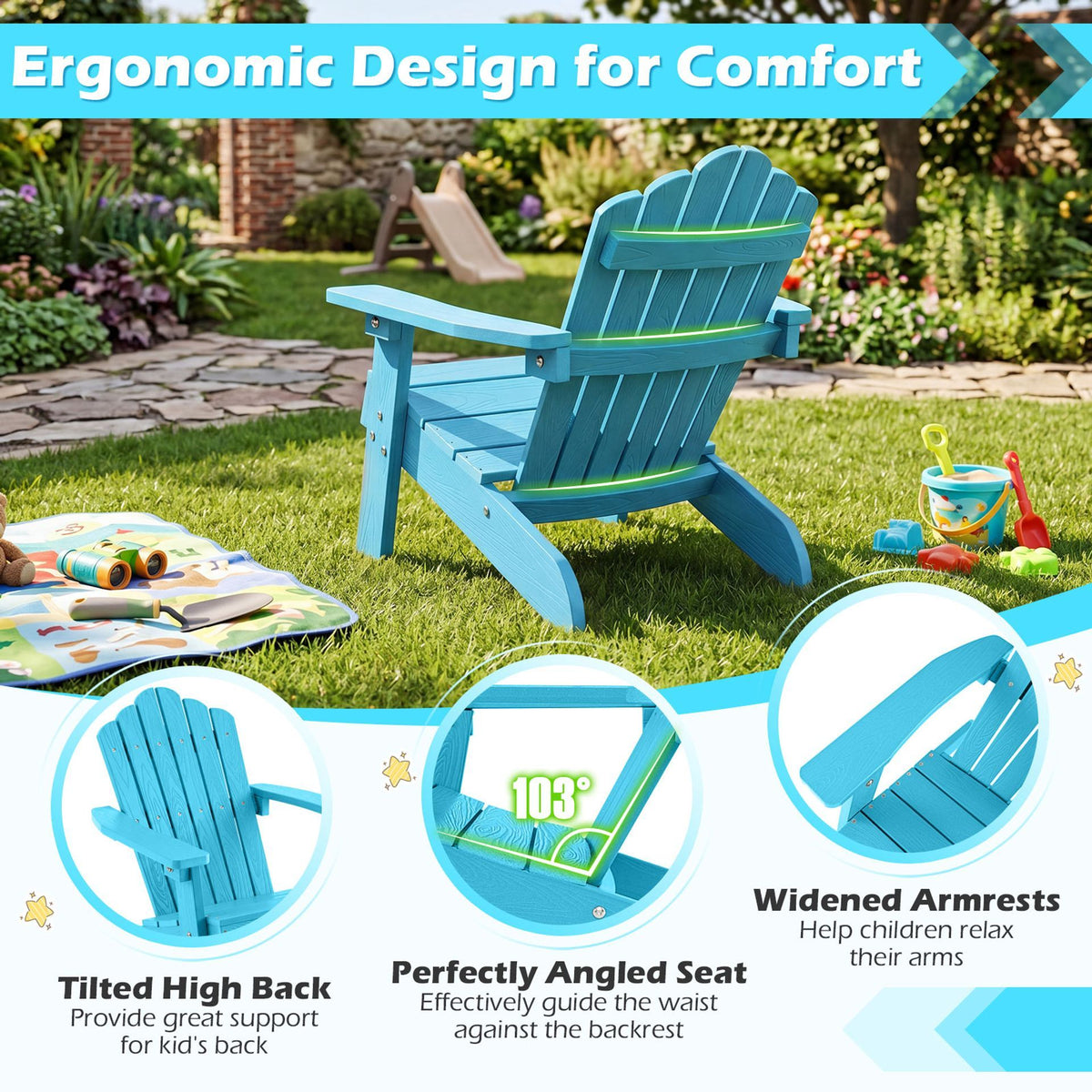 Kids Adirondack Chair with Tilted Backrest and Wide Armrests for Ages 3-7
