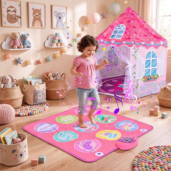 Kids Dance Mat and Princess Playhouse Set with 3 Game Modes and LED Lights for Girls Ages 3+