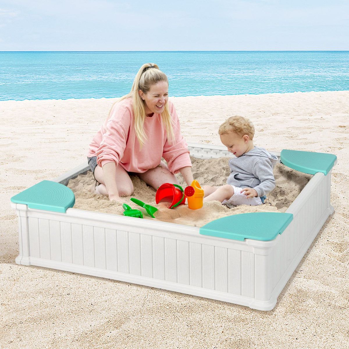 Kids Outdoor Sandbox with Waterproof Cover and 4 Corner Seats