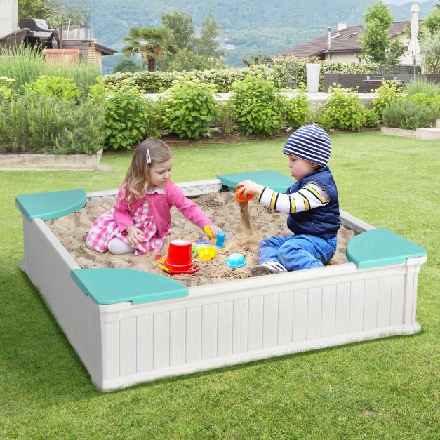 Kids Outdoor Sandbox with Waterproof Cover and 4 Corner Seats