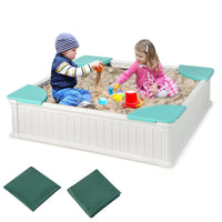 Kids Outdoor Sandbox with Waterproof Cover and 4 Corner Seats