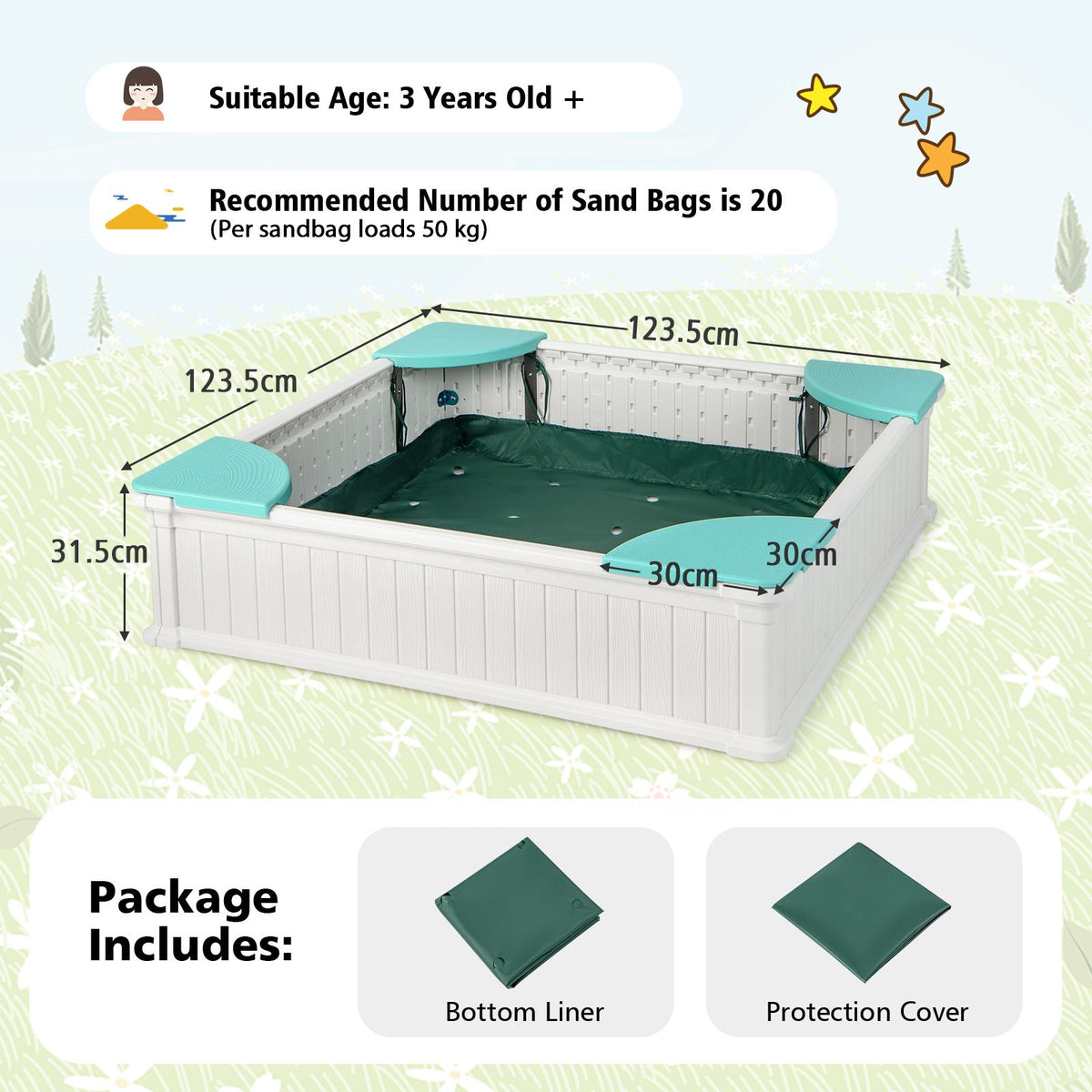Kids Outdoor Sandbox with Waterproof Cover and 4 Corner Seats