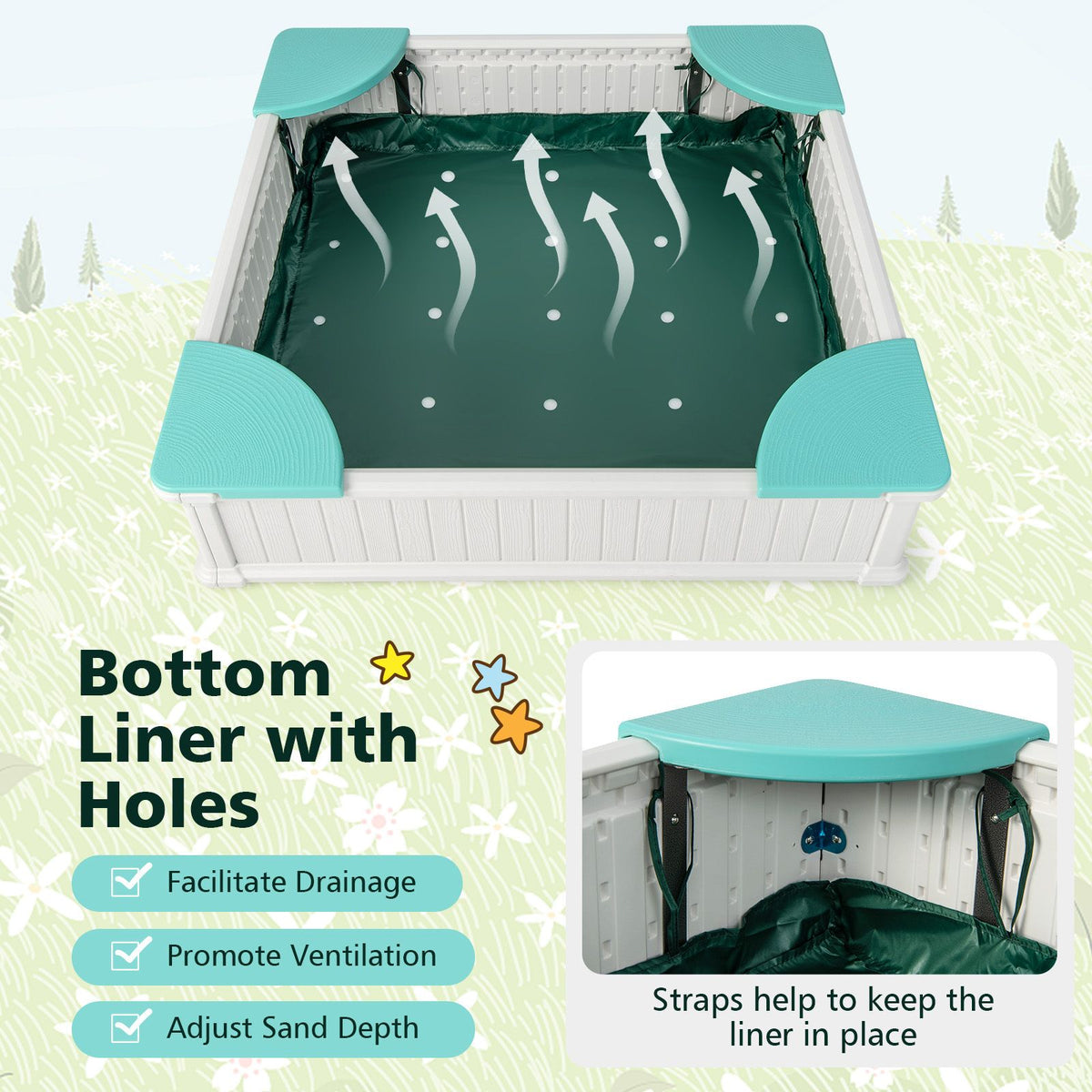 Kids Outdoor Sandbox with Waterproof Cover and 4 Corner Seats