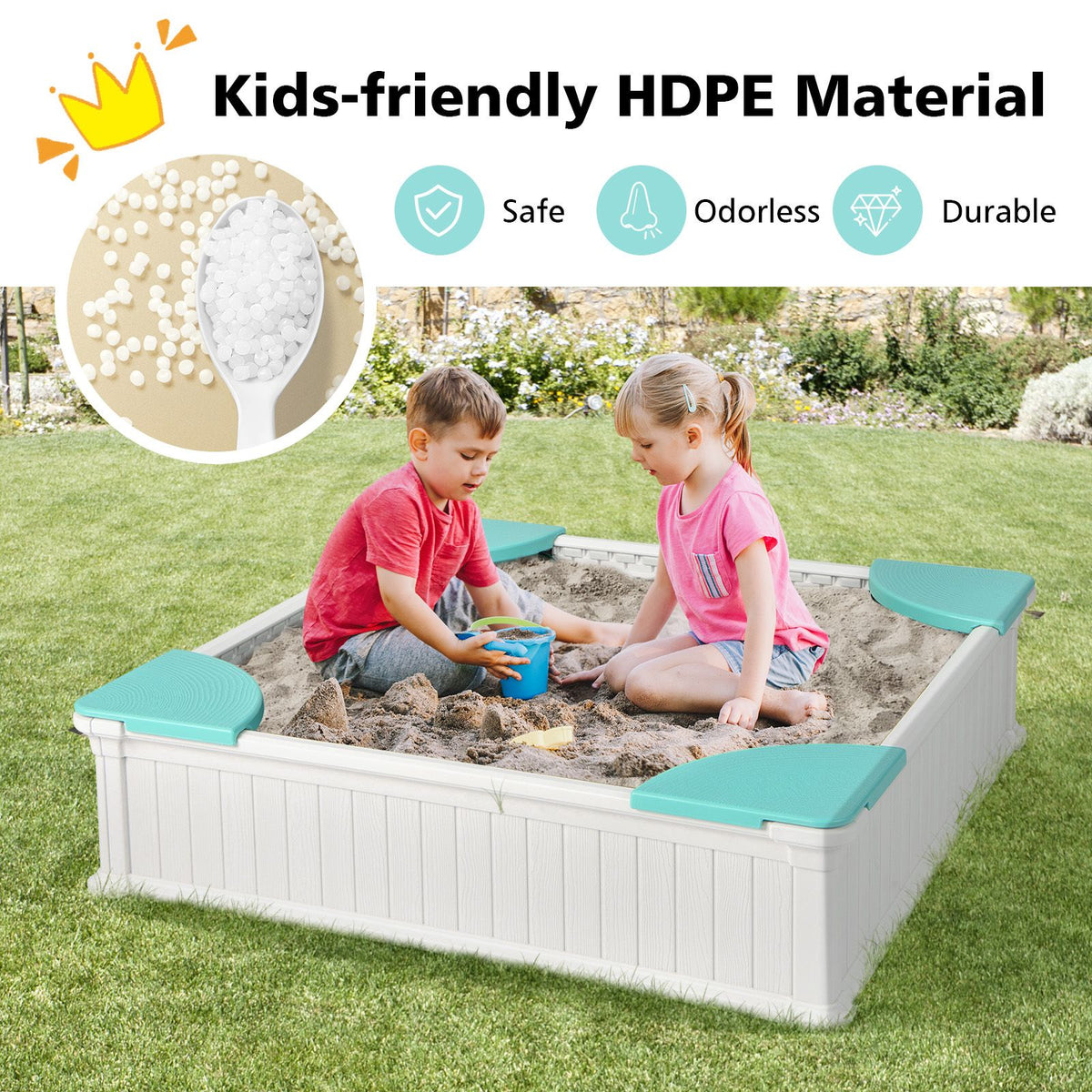 Kids Outdoor Sandbox with Waterproof Cover and 4 Corner Seats