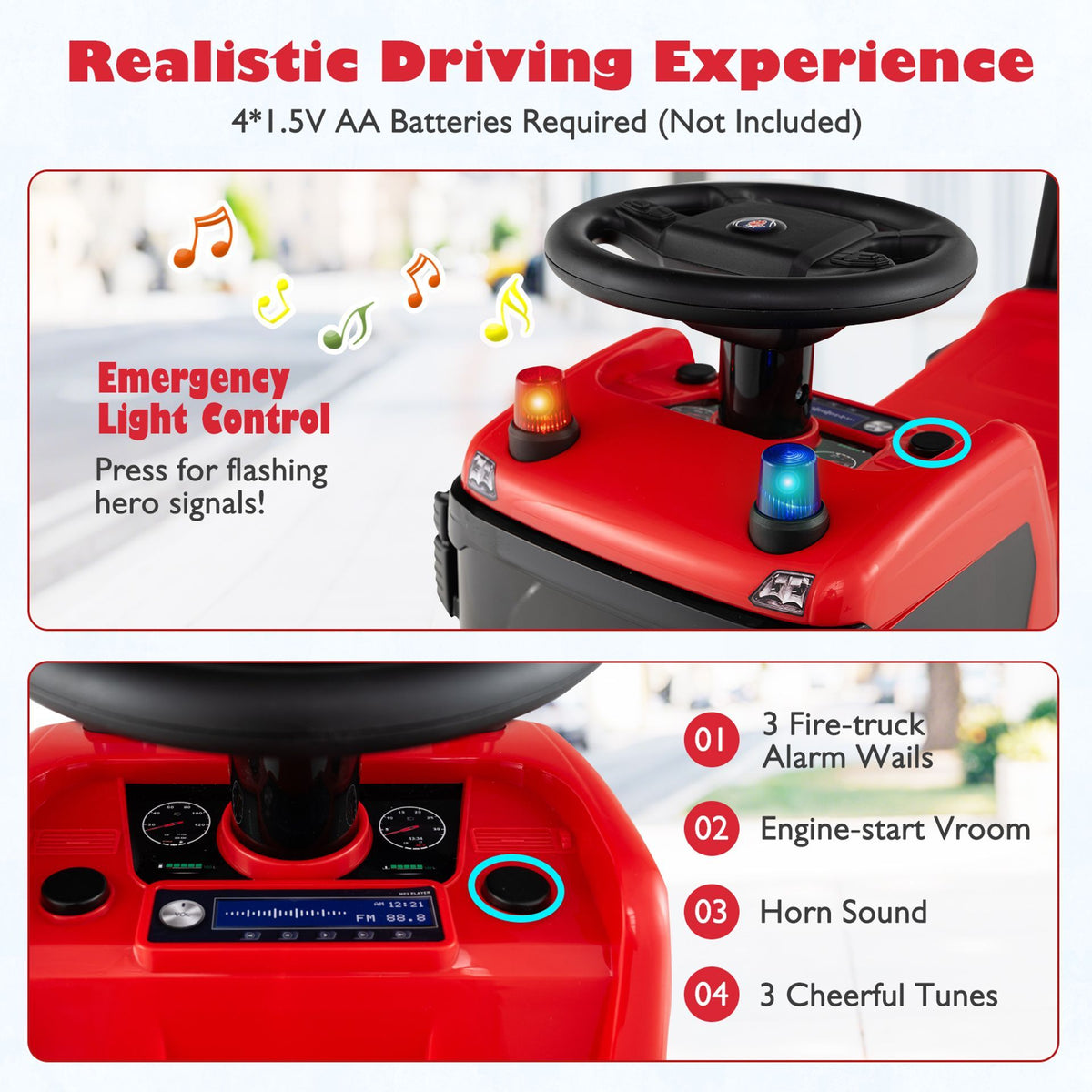 Kids Ride On Push Car with Steering Wheel Lights Sirens Horn and Music for 18 Months+