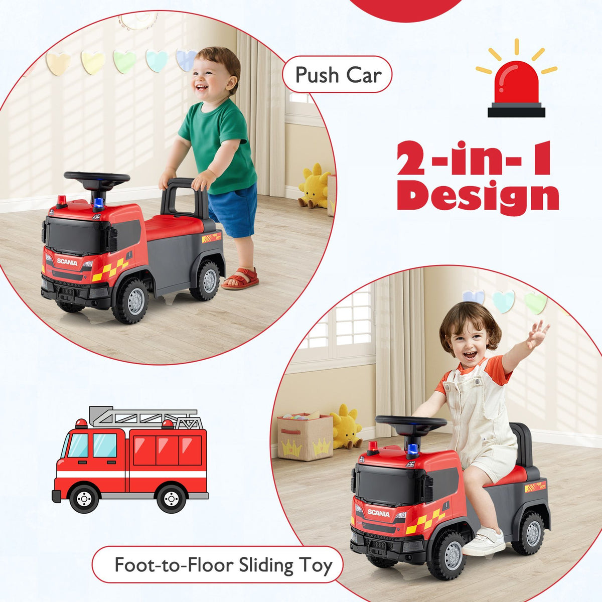 Kids Ride On Push Car with Steering Wheel Lights Sirens Horn and Music for 18 Months+