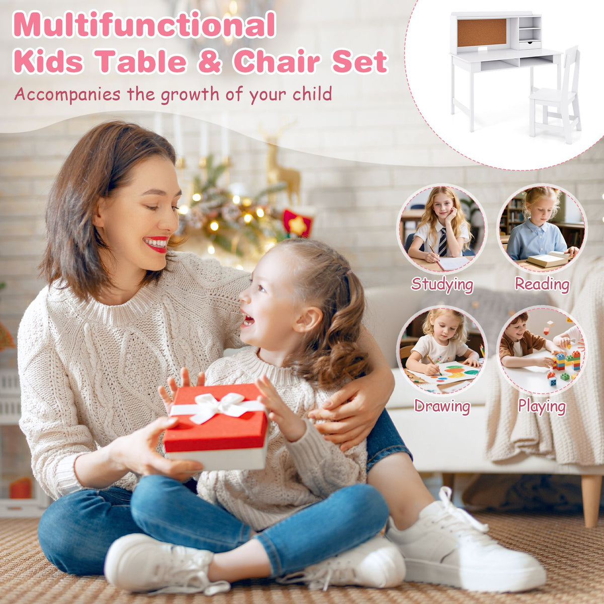 Kids Study Desk and Chair Set Wooden Writing Table with Cork Board and Drawer