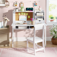 Kids Study Desk and Chair Set Wooden Writing Table with Cork Board and Drawer