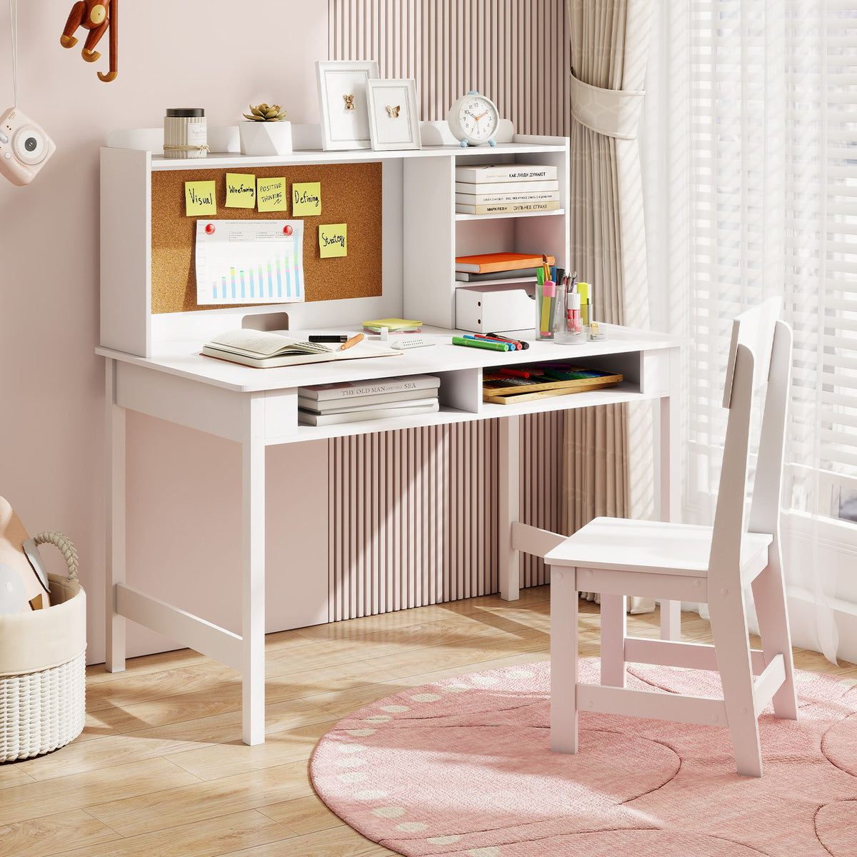 Kids Study Desk and Chair Set Wooden Writing Table with Cork Board and Drawer