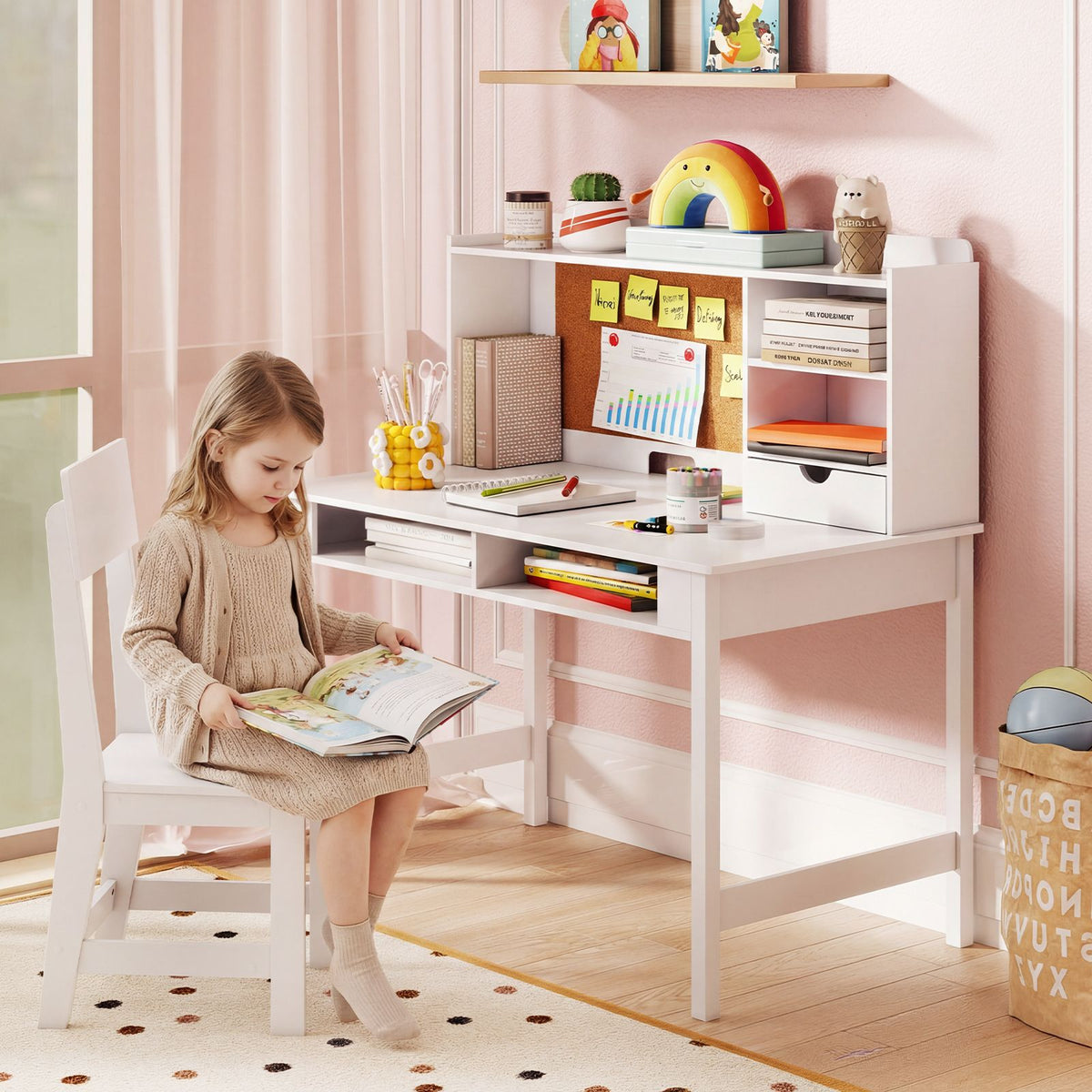 Kids Study Desk and Chair Set Wooden Writing Table with Cork Board and Drawer