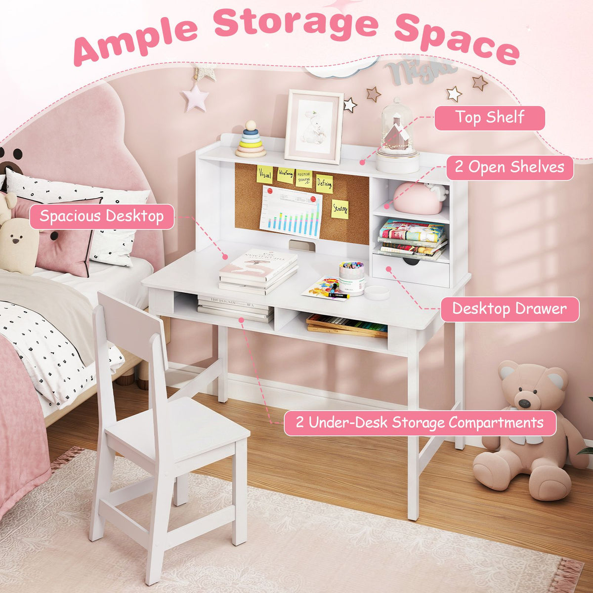Kids Study Desk and Chair Set Wooden Writing Table with Cork Board and Drawer
