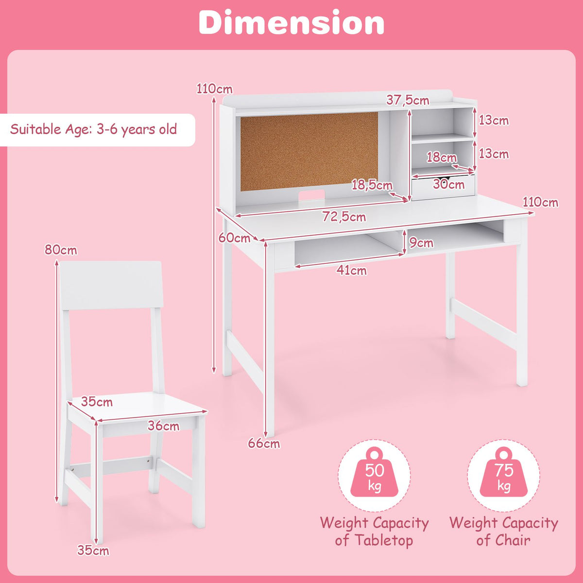 Kids Study Desk and Chair Set Wooden Writing Table with Cork Board and Drawer