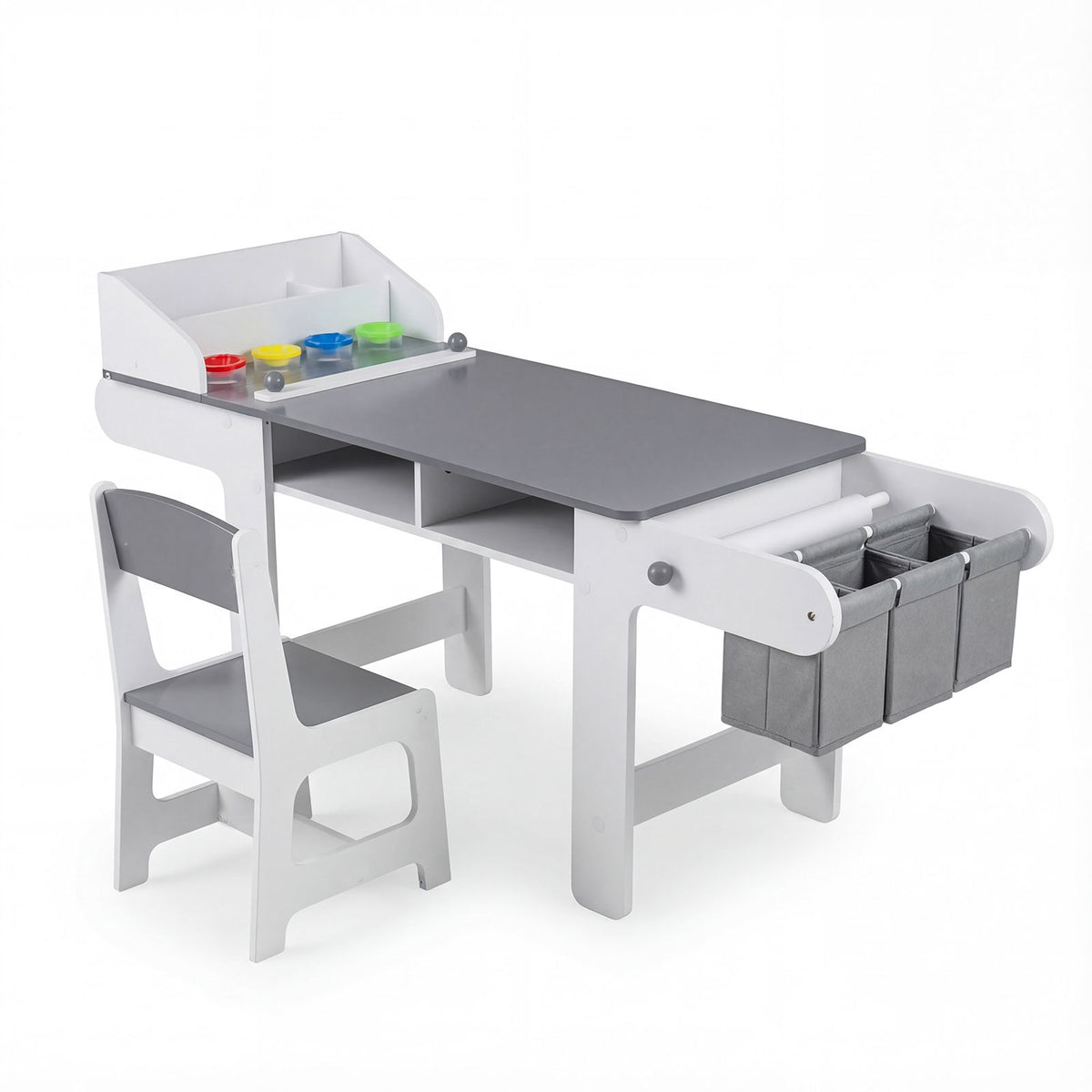 Kids Art Table and Chair Set with Paper Roll and 4 Paint Cups