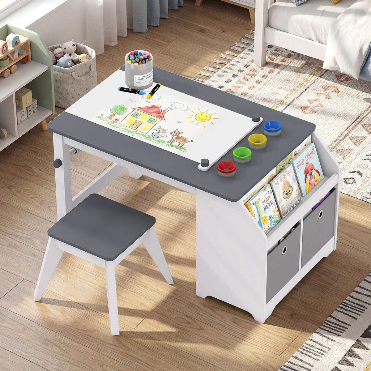 Kids Art Table with Stool Wooden Activity Table with Paper Roll and Storage