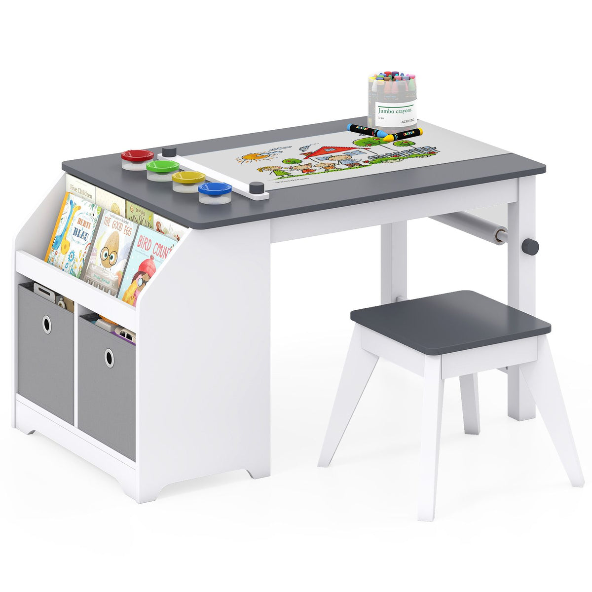 Kids Art Table with Stool Wooden Activity Table with Paper Roll and Storage