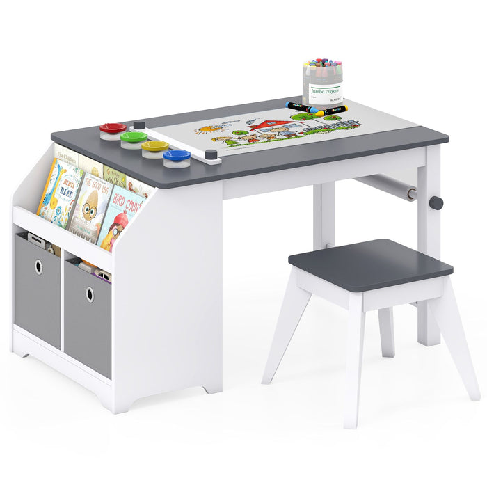 Kids Art Table with Stool Wooden Activity Table with Paper Roll and Storage