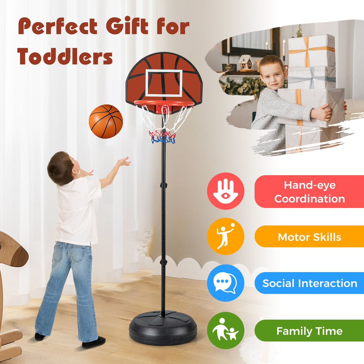 Kids Basketball Hoop with Dart Board and Double-sided Backboard