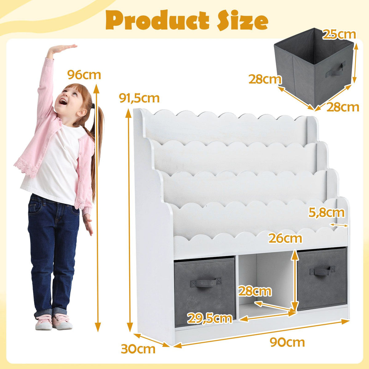 Kids Bookshelf and Toy Storage 4-Tier Toddler Bookcase with 2 Foldable Fabric Drawers