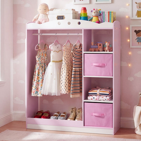 Kids Dress Up Storage Shelf with Mirror and Hanging Rod for Toddler Clothes