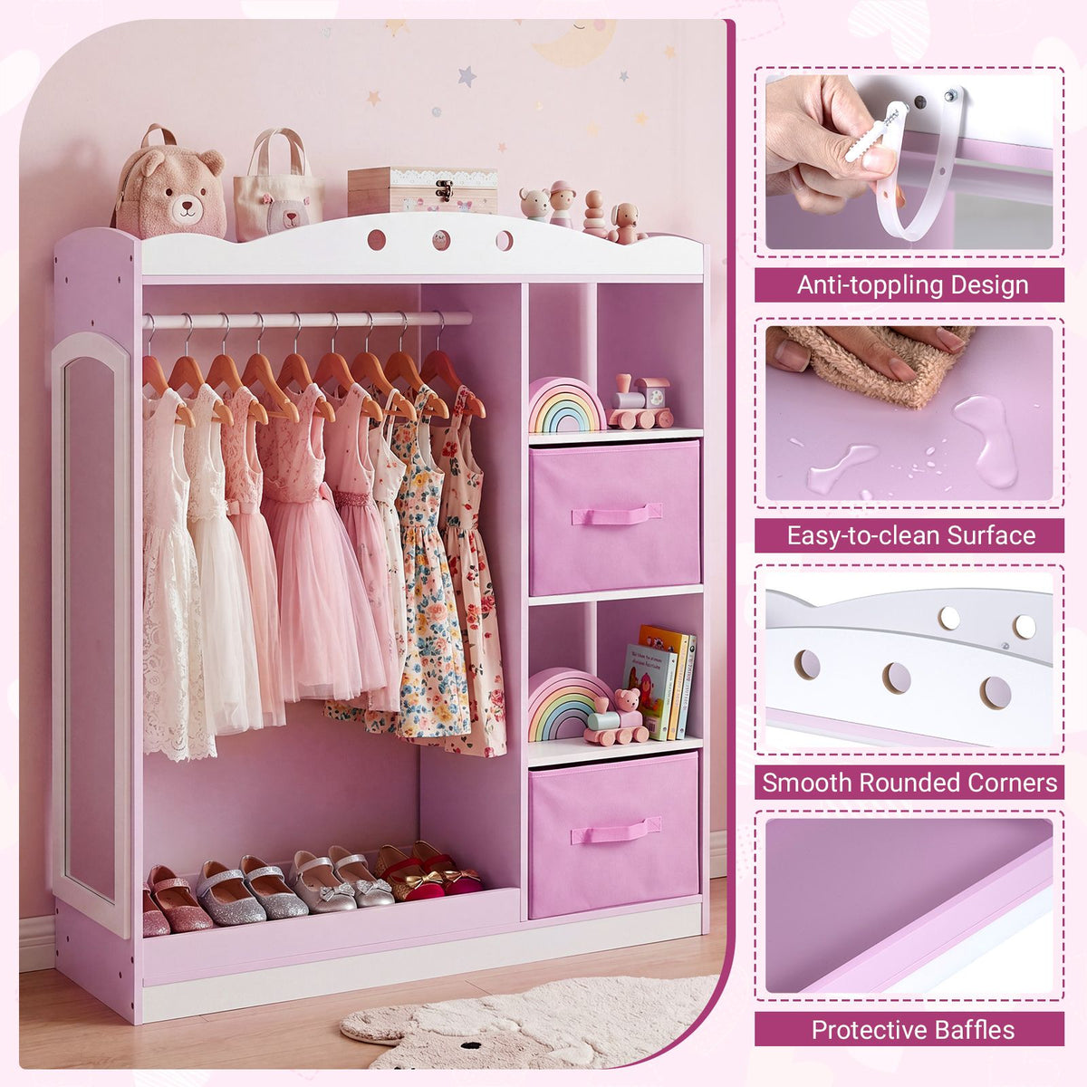 Kids Dress Up Storage Shelf with Mirror and Hanging Rod for Toddler Clothes