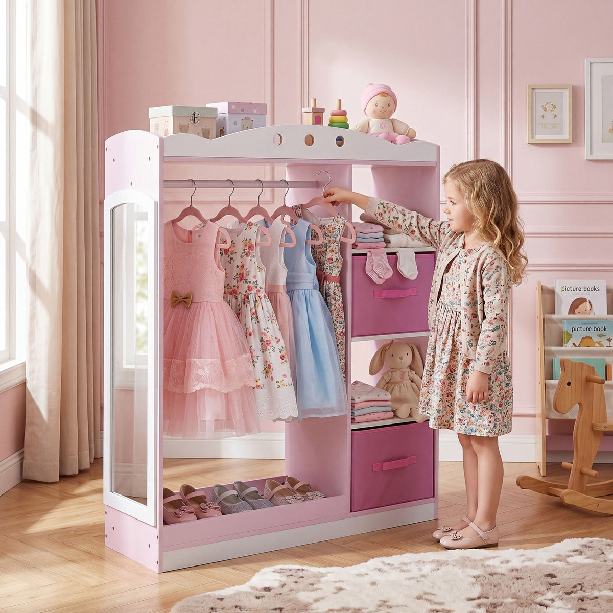 Kids Dress Up Storage Shelf with Mirror and Hanging Rod for Toddler Clothes